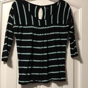Black 3/4 length sleeve shirt with blue stripes